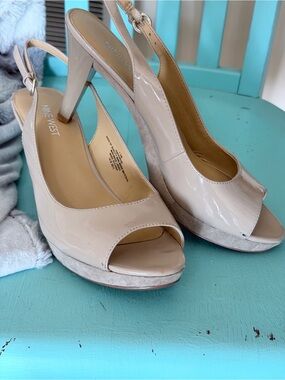 Nine West Beige Patent Peep-Toe Slingback Heels